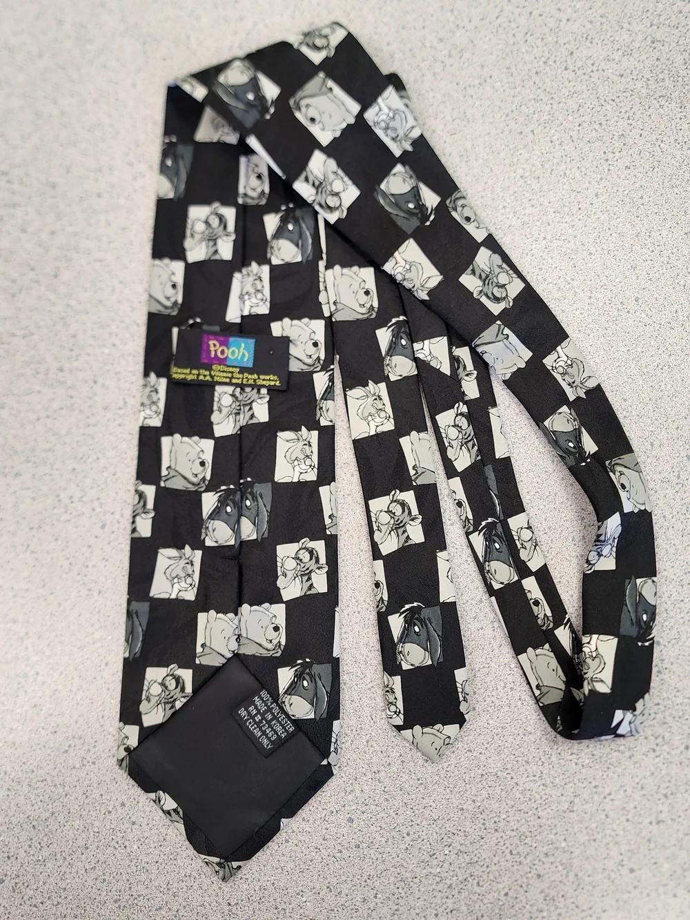 Vintage Disney Winnie the Pooh Black Graphic Sketch Necktie / Silk Tie